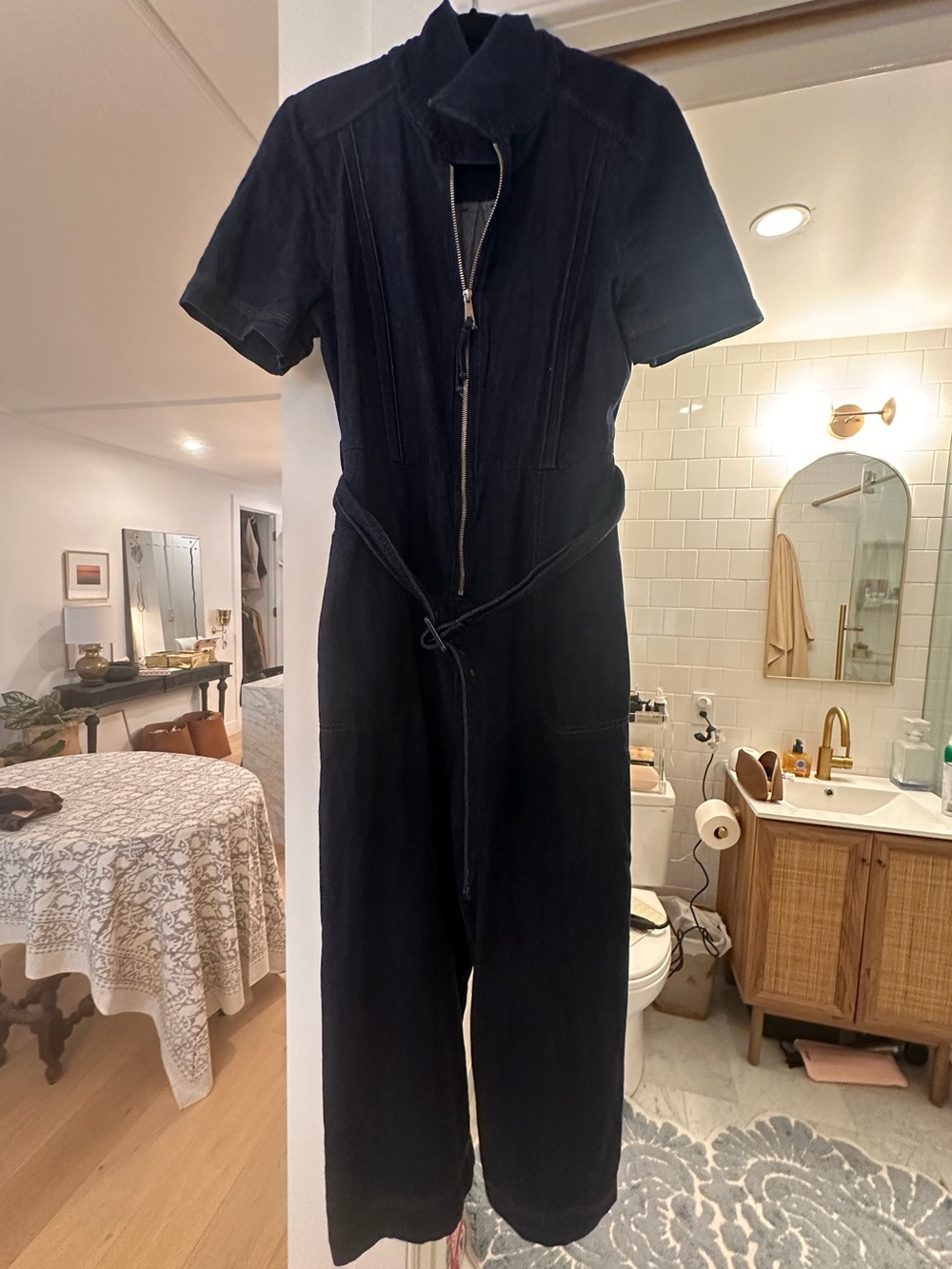 Womens Jean Short-Sleeve Zip Jumpsuit